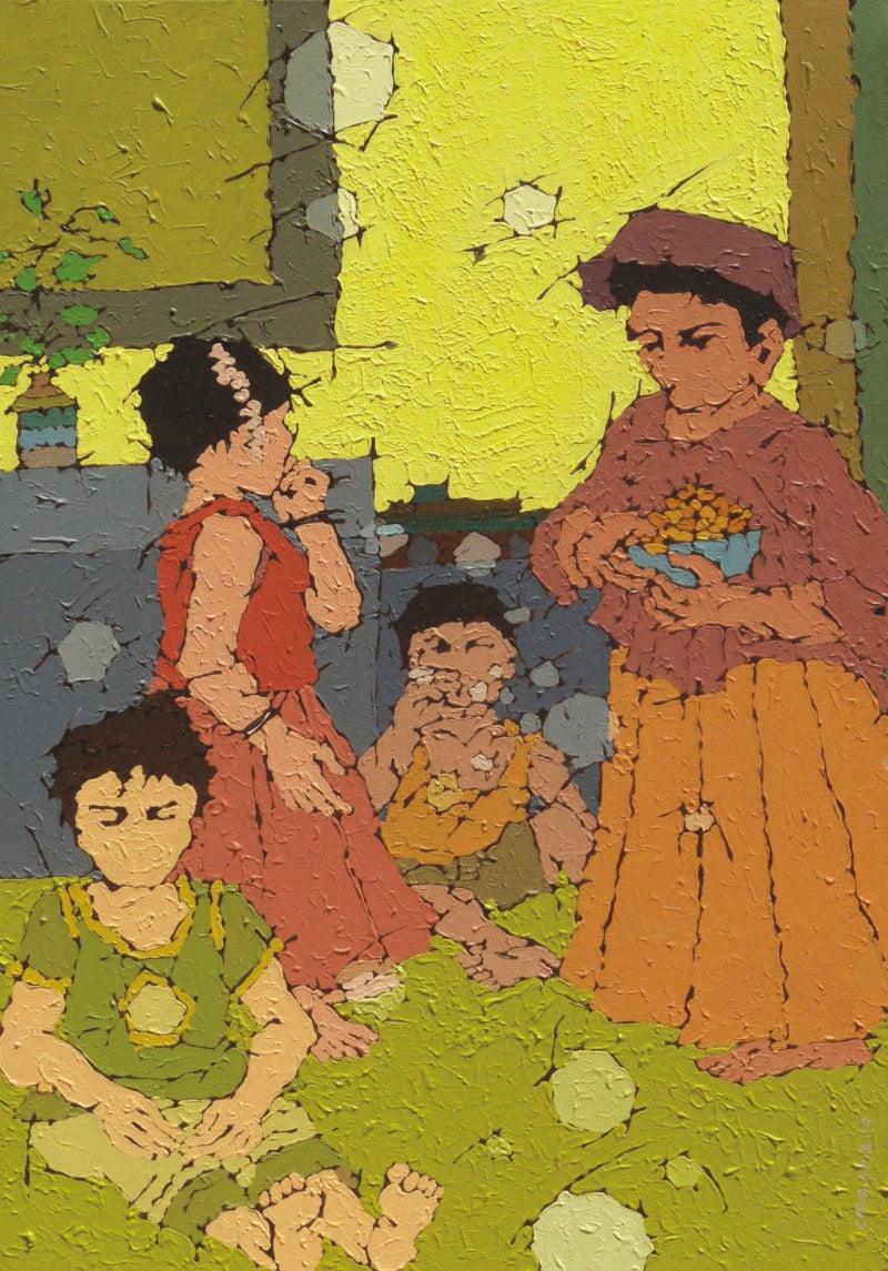 Figurative acrylic painting titled 'Play', 36x30 inches, by artist Seema Kamble on Canvas