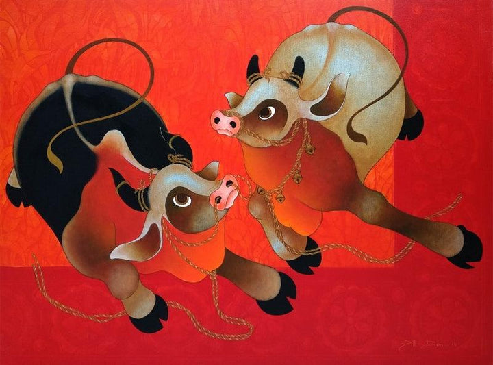 Playing Bulls Painting by H R Das | ArtZolo.com