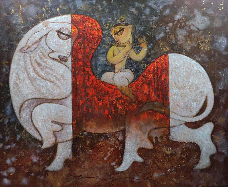 Religious acrylic painting titled 'Playing Flute 1', 52x62 inches, by artist Ramesh Gujar on Canvas