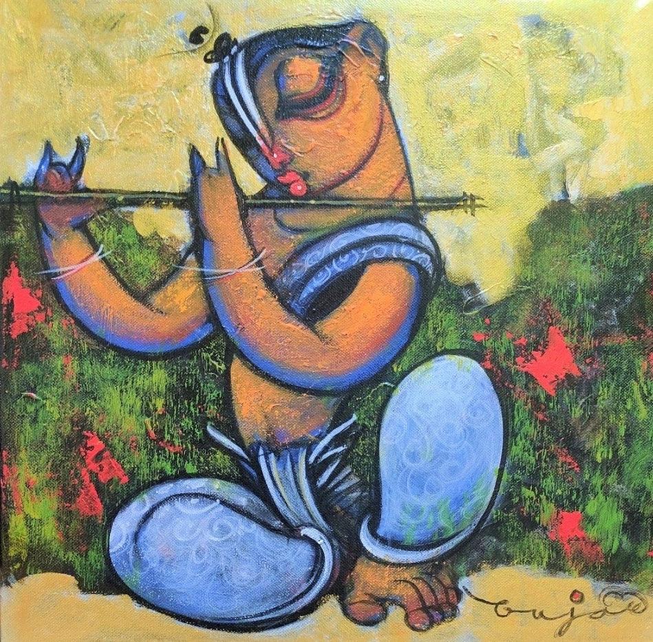 Religious acrylic painting titled 'Playing Flute 3', 12x12 inches, by artist Ramesh Gujar on Canvas