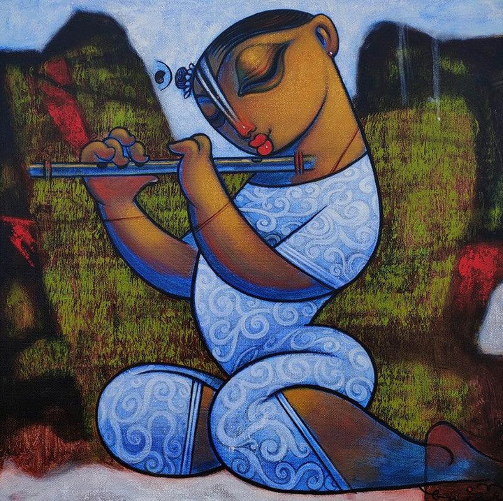 Playing Flute Painting by Ramesh Gujar | ArtZolo.com
