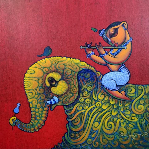Playing Flute On Elephant 1 Painting by Ramesh Gujar | ArtZolo.com