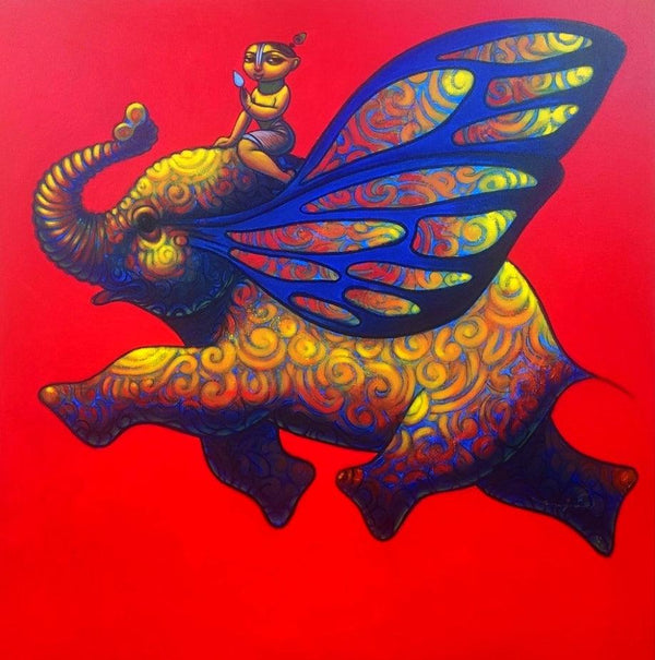 Playing Flute On Elephant 2 Painting by Ramesh Gujar | ArtZolo.com