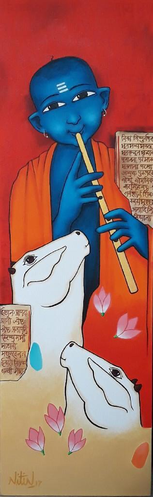 Playing Flute With Cow 2 Painting by Nitin Ghangrekar | ArtZolo.com