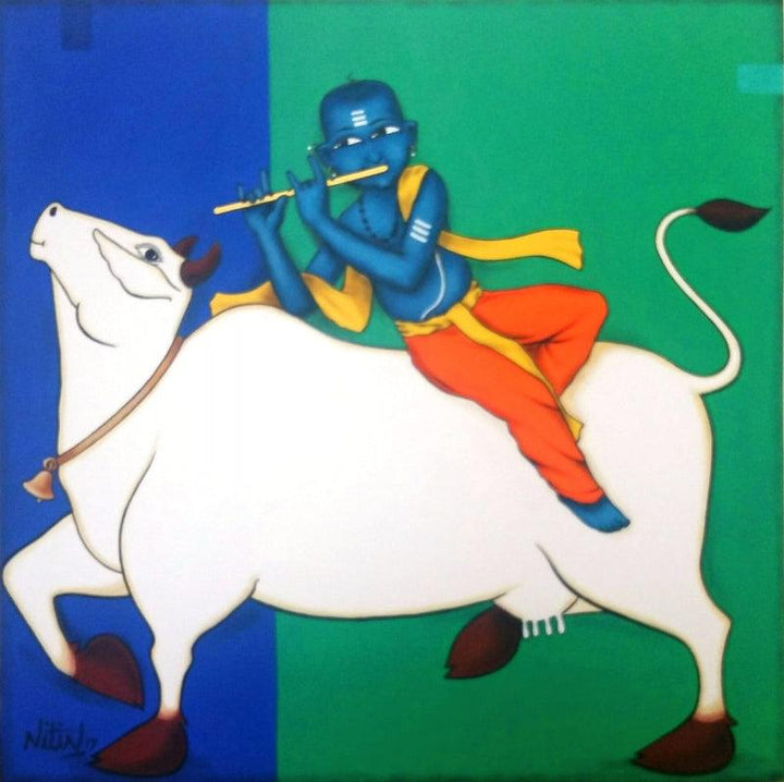 Playing Flute With Cow Painting by Nitin Ghangrekar | ArtZolo.com