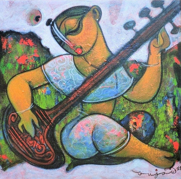 Playing Sitar Painting by Ramesh Gujar | ArtZolo.com