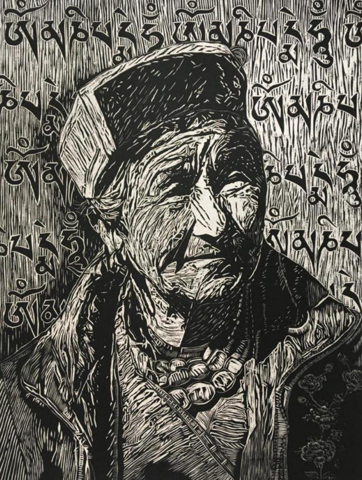 Portrait Of Grandma Printmaking by Chhering Negi | ArtZolo.com