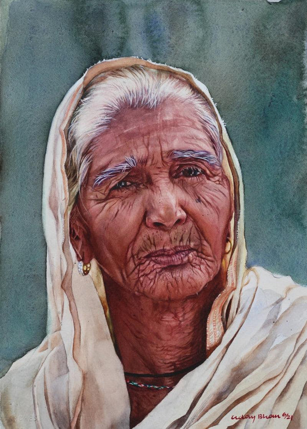 Portrait Old Lady Realism Painting by Dr Uday Bhan | ArtZolo.com