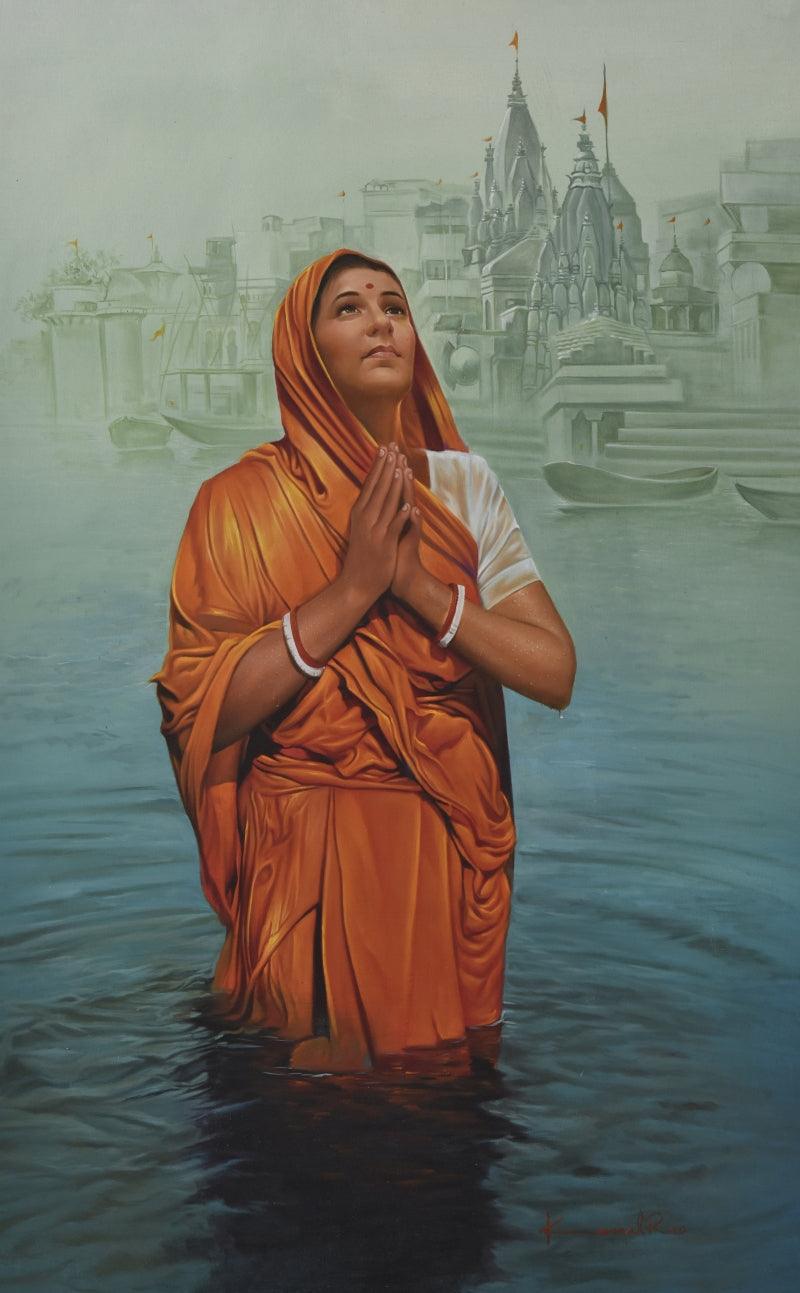 Religious oil painting titled 'Prayer', 30x48 inches, by artist Kamal Rao on Canvas