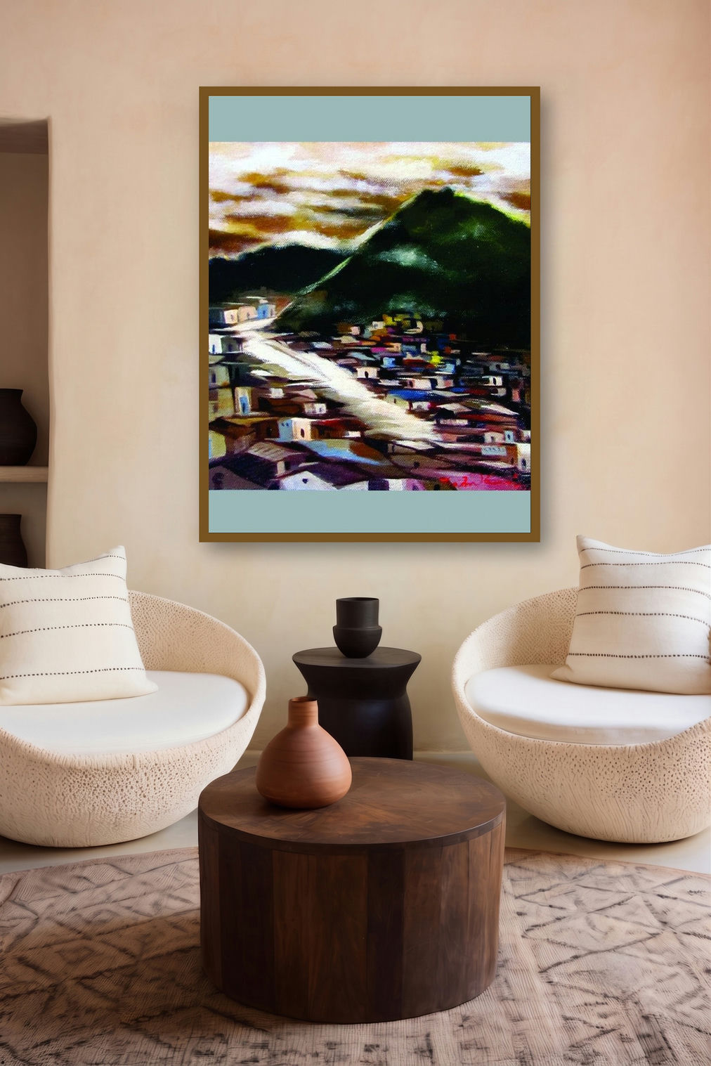 Present Landscape (Valley of Dreams: A Mountain Village) by artist Solomon Rajendiran displayed in a Modern gallery