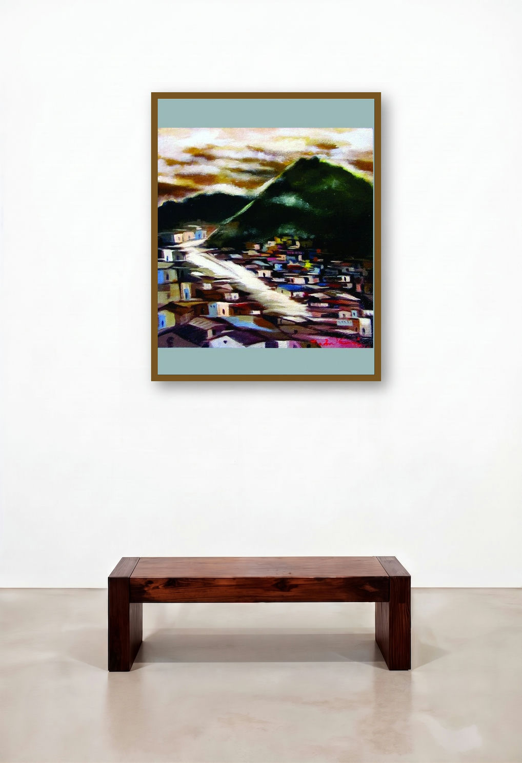 Present Landscape (Valley of Dreams: A Mountain Village) by artist Solomon Rajendiran displayed in a Elegant Study