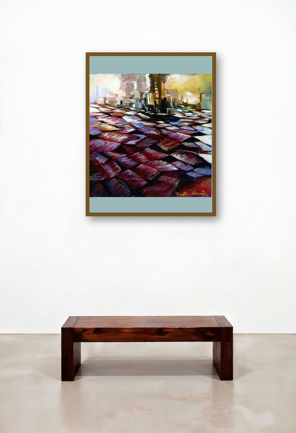Present Landscape (Urban Mosaic: A City in Tiles) by artist Solomon Rajendiran displayed in a Urban Loft Hallway