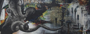 Progress (The Weight of Industry) by Vikram Nayak, Original Oil Animal Painting on Canvas, Large Horizontal Wall Art