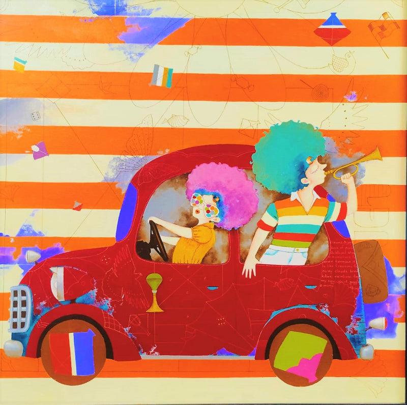 Figurative acrylic painting titled 'Puppy And Chicky On The Drive', 36x36 inches, by artist Shiv Kumar Soni on Canvas