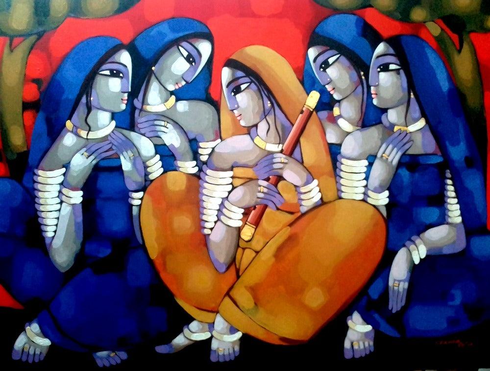 Figurative acrylic painting titled 'Purbaraag', 36x48 inches, by artist Sekhar Roy on Canvas