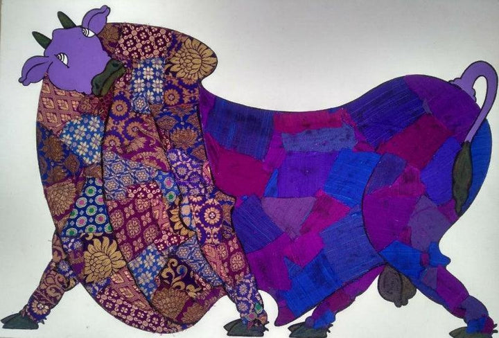 Purple Bull Banarasi Silk Painting by Sreekanth Kurva | ArtZolo.com