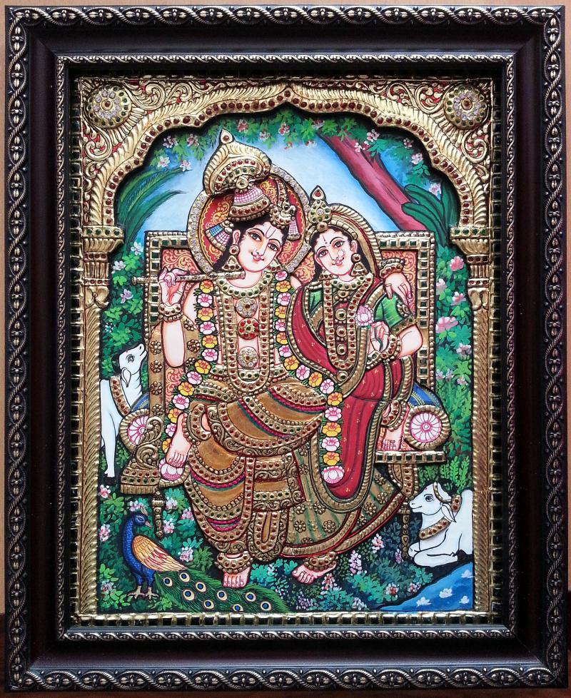 Religious tanjore traditional art titled 'RADHAKRISHNA TANJORE PAINTING', 17x14 inches, by artist KUM KUM GALLERY on Plywood