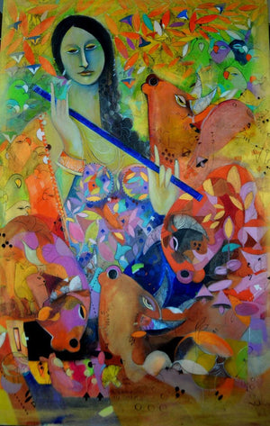 Figurative acrylic painting titled 'Radha', 60x36 inches, by artist Madan Lal on Canvas