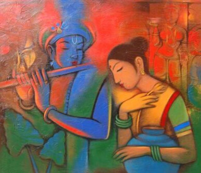 Religious acrylic painting titled 'Radha Krishna 1', 36x42 inches, by artist Balaji Ubale on Canvas