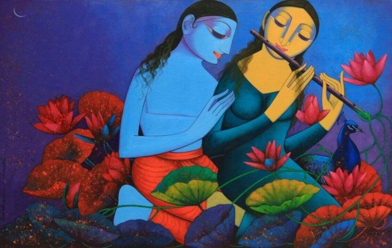Religious acrylic painting titled 'Radha Krishna 2', 34x54 inches, by artist Prakash Deshmukh on Canvas