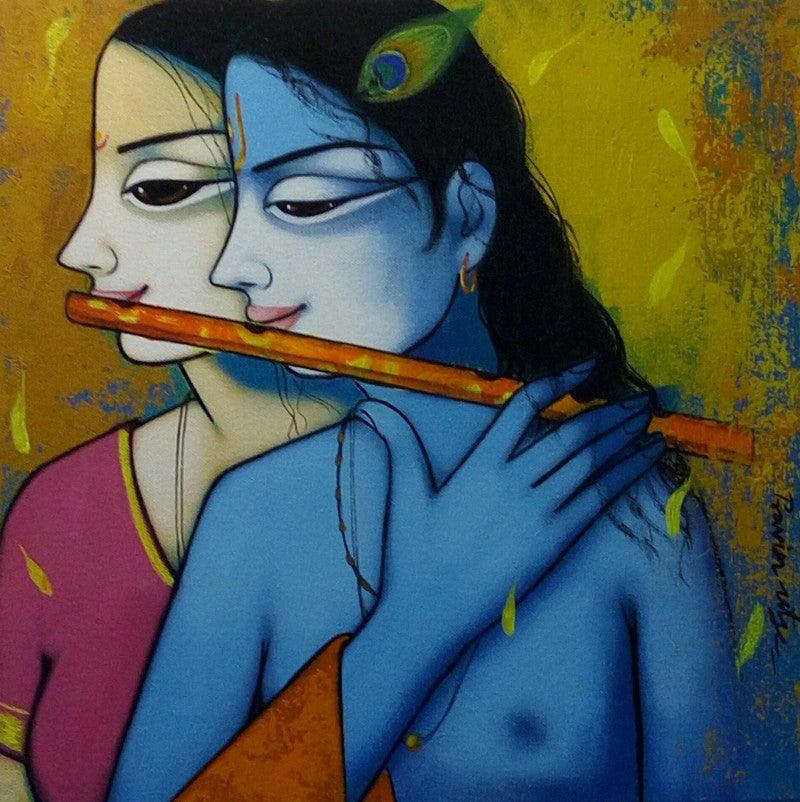 Religious acrylic painting titled 'Radha Krishna 2', 15x15 inches, by artist Pravin Utge on Canvas