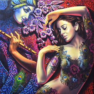 Religious acrylic painting titled 'Radha Krishna 2', 36x36 inches, by artist Prashanta Nayak on Canvas