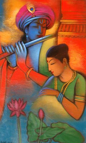 Religious acrylic painting titled 'Radha Krishna 2', 35x24 inches, by artist Balaji Ubale on Canvas