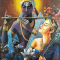 Religious acrylic painting titled 'Radha Krishna 2', 28x24 inches, by artist Tamali Das on Canvas