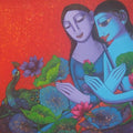 Religious acrylic painting titled 'Radha Krishna 3', 31x41 inches, by artist Prakash Deshmukh on Canvas
