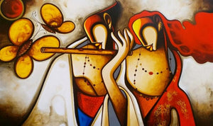 Religious acrylic painting titled 'Radha Krishna', 36x60 inches, by artist Om Swami on Canvas