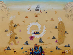 Religious acrylic painting titled 'Radha Krishna', 36x48 inches, by artist Rawindra Das on Canvas