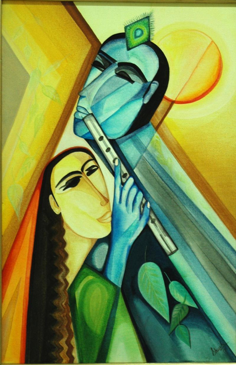 Figurative acrylic painting titled 'Radha Krishna', 30x20 inches, by artist Shuchi Khanna on Canvas