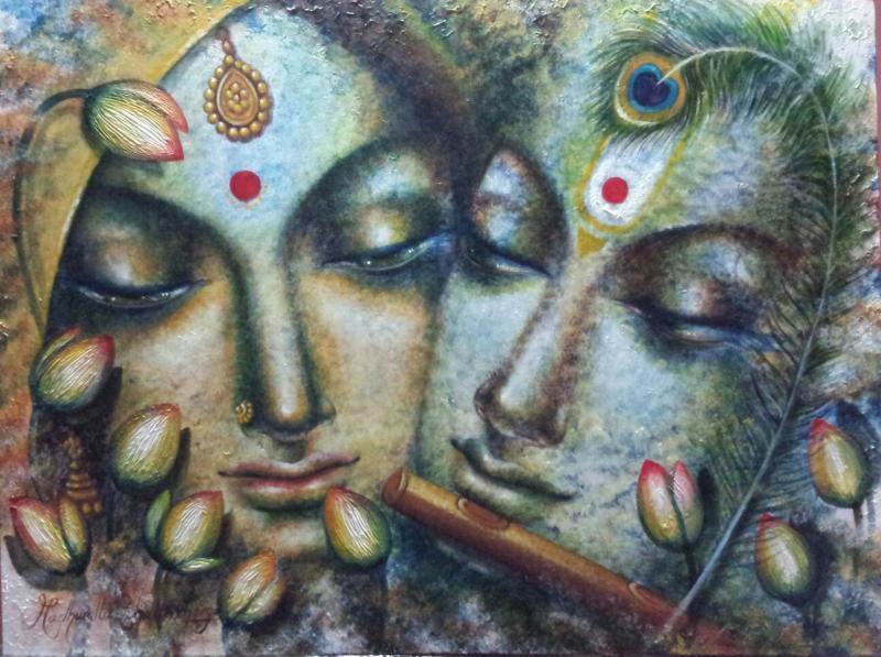 Religious acrylic painting titled 'Radha Krishna', 30x40 inches, by artist Madhumita Bhattacharya on Canvas