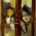 Religious acrylic painting titled 'Radha Krishna', 60x36 inches, by artist Vijay Gille on Canvas