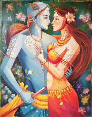Figurative acrylic oil painting titled 'Radha Krishna', 30x24 inches, by artist Tamali Das on Canvas