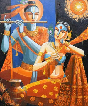 Figurative acrylic painting titled 'Radha Krishna', 36x30 inches, by artist Tamali Das on canvas
