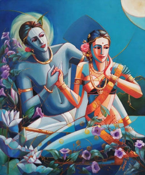 Figurative acrylic oil painting titled 'Radha Krishna', 36x30 inches, by artist Tamali Das on canvas