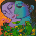 Religious acrylic painting titled 'Radha Krishna', 19x15 inches, by artist Prakash Deshmukh on Canvas