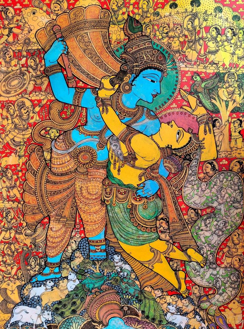 Religious acrylic painting titled 'Radha Krishna', 48x36 inches, by artist Harinath N on Canvas