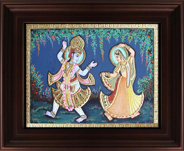 Radha Krishna Dancing Tanjore Painting Traditional Art by Myangadi | ArtZolo.com
