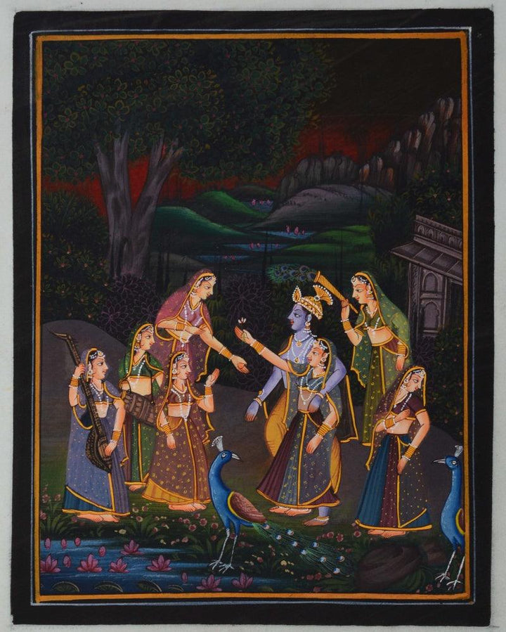 Radha Krishna Entertained By Gopis Traditional Art by Unknown | ArtZolo.com
