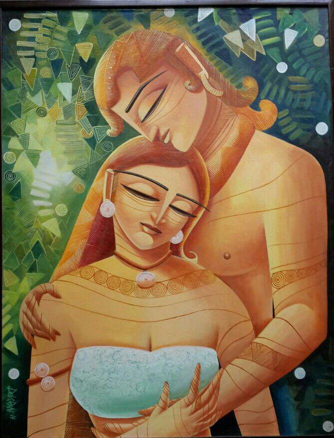 Figurative acrylic painting titled 'Radha Krishna I', 28x36 inches, by artist DEVIRANI DASGUPTA on Canvas Board