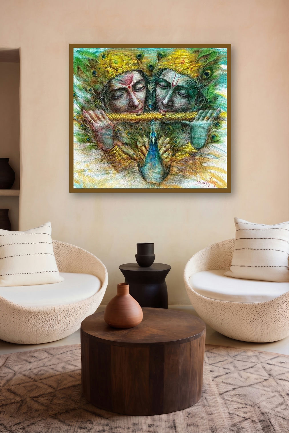 Radha Krishna I (Divine Harmony) by artist Darshan Sharma displayed in a Contemporary Exhibition gallery