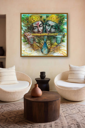 Radha Krishna I (Divine Harmony) by artist Darshan Sharma displayed in a Contemporary Exhibition gallery