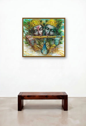 Radha Krishna I (Divine Harmony) by artist Darshan Sharma displayed in a Boutique Hotel Style Hotel Lobby