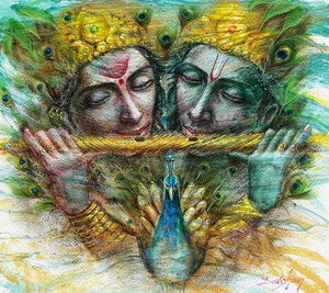 Radha Krishna I (Divine Harmony) by Darshan Sharma, Original Oil Figurative Painting on Canvas, Large Horizontal Wall Art