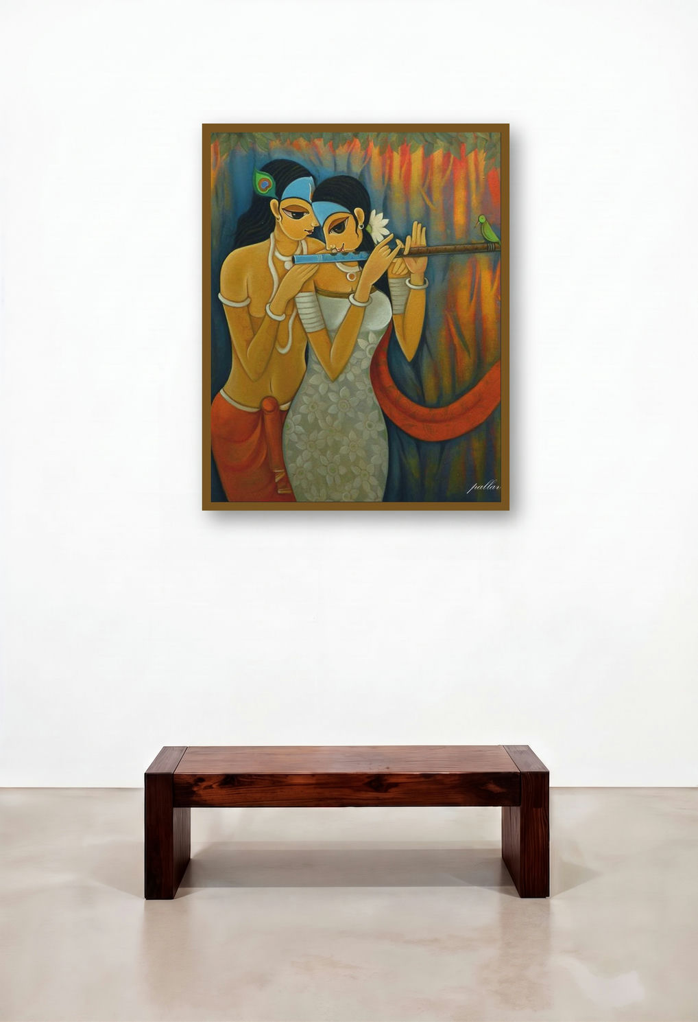 Radha Krishna Ii (Loves First Blossom) by artist Pallavi Walunj displayed in a Transitional Family Room