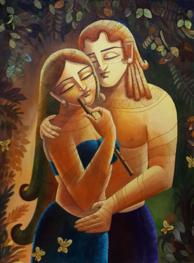 Figurative acrylic painting titled 'Radha Krishna II', 27x35 inches, by artist DEVIRANI DASGUPTA on Canvas Board