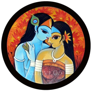 Radha Krishna Iii (Eternal Lovers) by Pallavi Walunj, Original Oil Figurative Painting on Canvas, Small Circular Wall Art