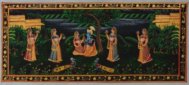 Radha Krishna In Lawn With Gopis And Pea Traditional Art by Unknown | ArtZolo.com